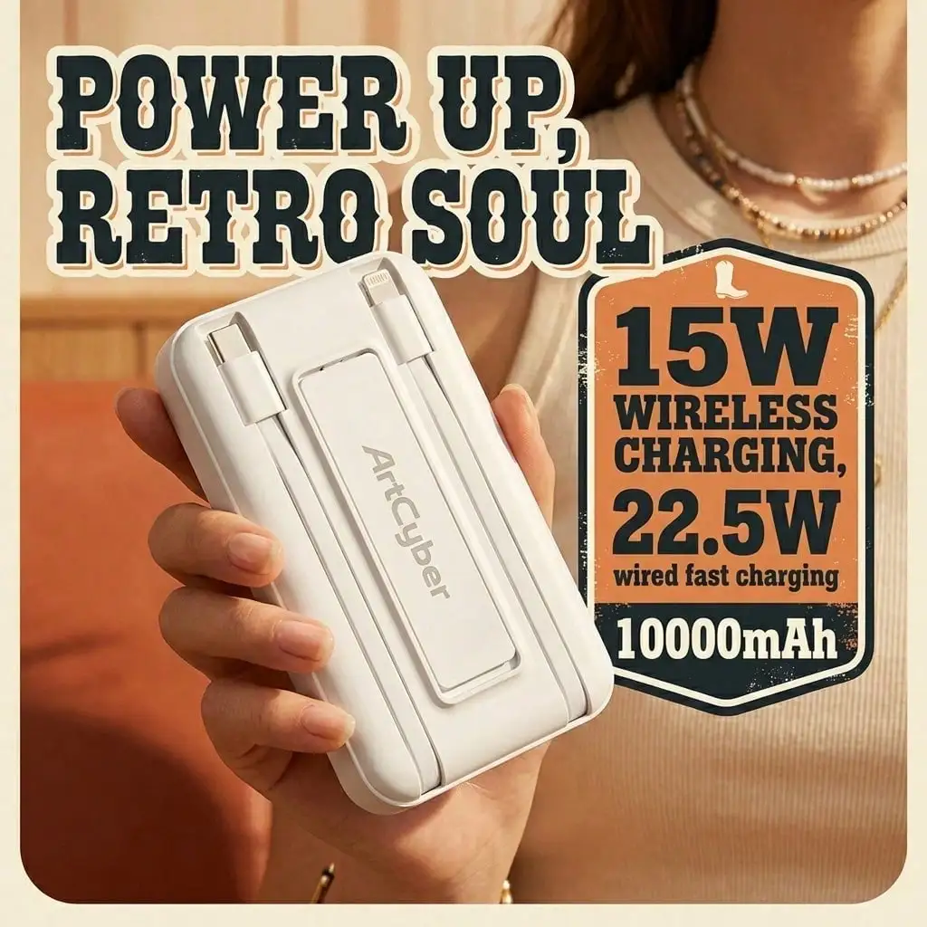 

Compact 10000mAh Portable Charger With Magnetic Wireless Function And Integrated USB C Lightning Cables, 22.5W PD Fast Charging External Battery Offering 15W Wireless Output, Built-In Foldable Kickstand Phone Holder, Slim Travel Power Bank Designed For IP
