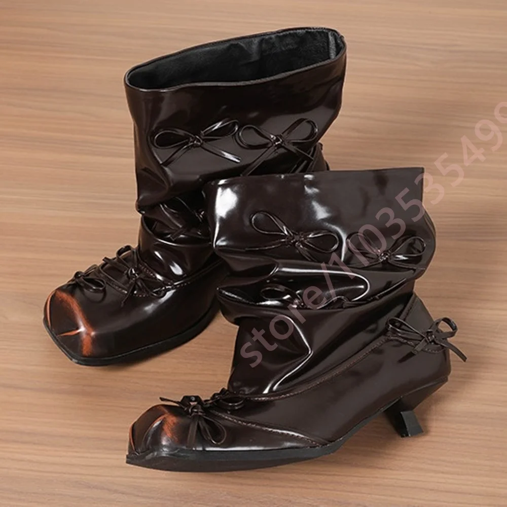 Women's Retro Patent Leather Ankle Boots Bow Daily Wear Distressed Dress Slouchy Short Boot Pointed Toe Small Heel Lolita Boots