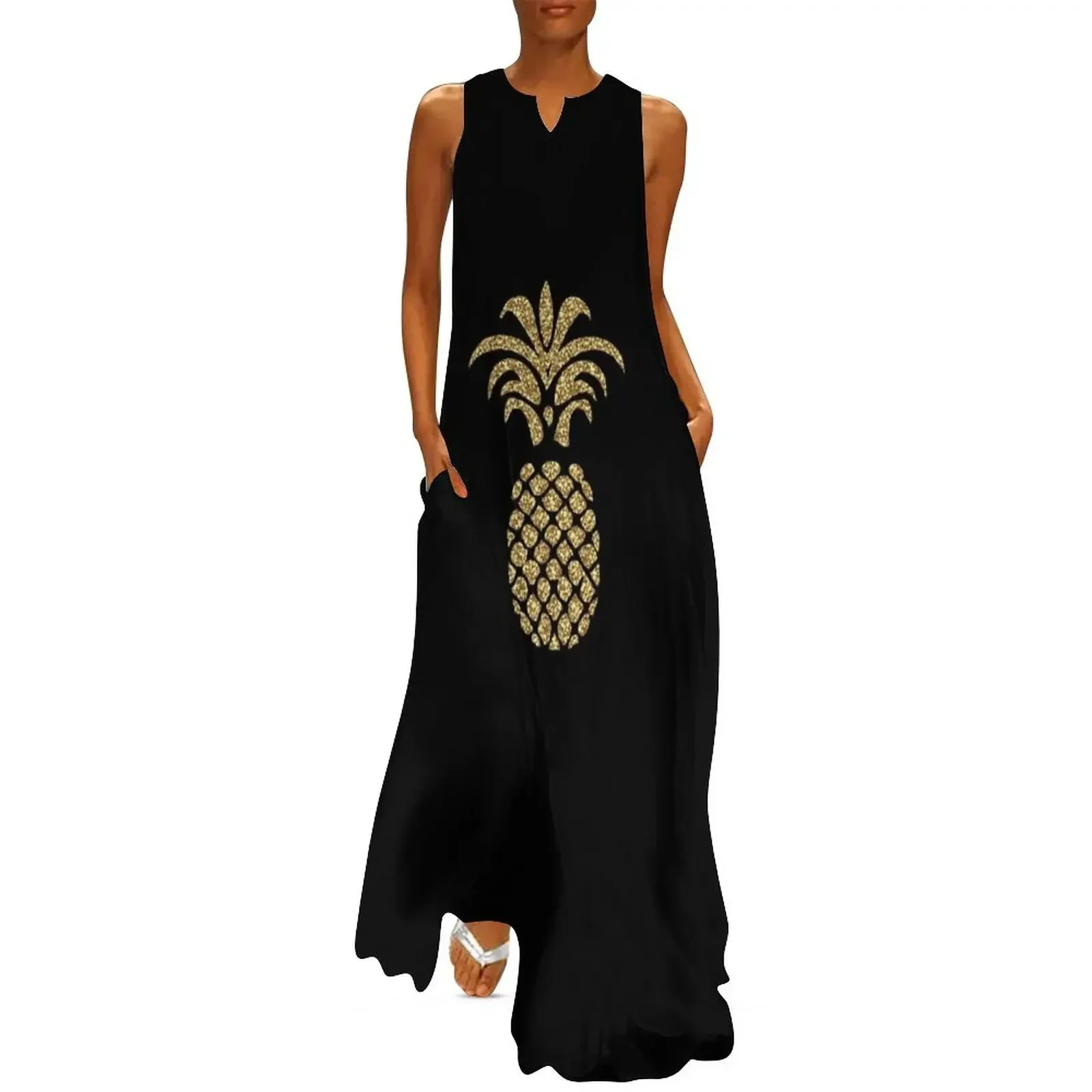 

Sparkly Gold Pineapple Long Dress Clothing Dress woman elegant dress summer clothes