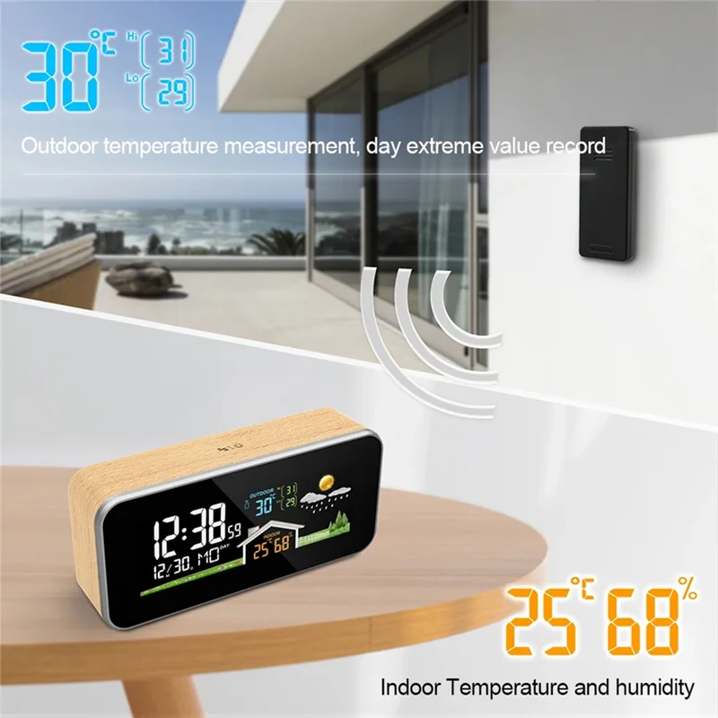 Wireless Weather Station Wooden Alarm Clock Home Desk Watch Digital Thermometer Humidity Temperature Wireless Sensor-Y47A