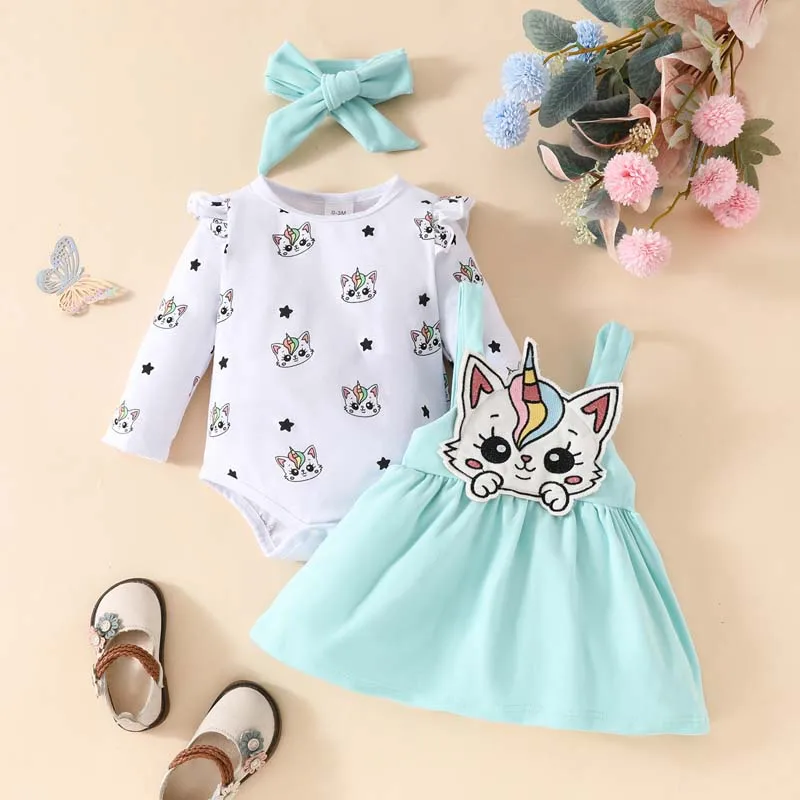 Baby Set Newborn Baby Girl 3-Piece Outfits 0 To 18 Months Long Sleeves Cat Onesie  Camisole Dress Hairband Autumn winter Clothes