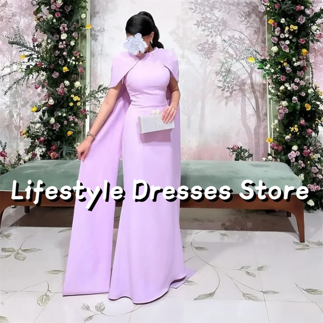 

Lavender Mermaid Evening Dresses 2024 Short Sleeves Long Cape Wedding Prom Gowns Formal 피로연드레스