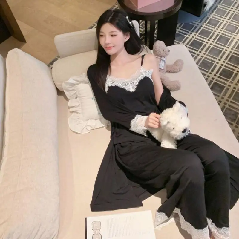 

Autumn New Girl Modal Pajama Set with Padded Bra Lace Camisole Pants Robe Loungewear Women Home Wear Simple Loose Sleepwear Set