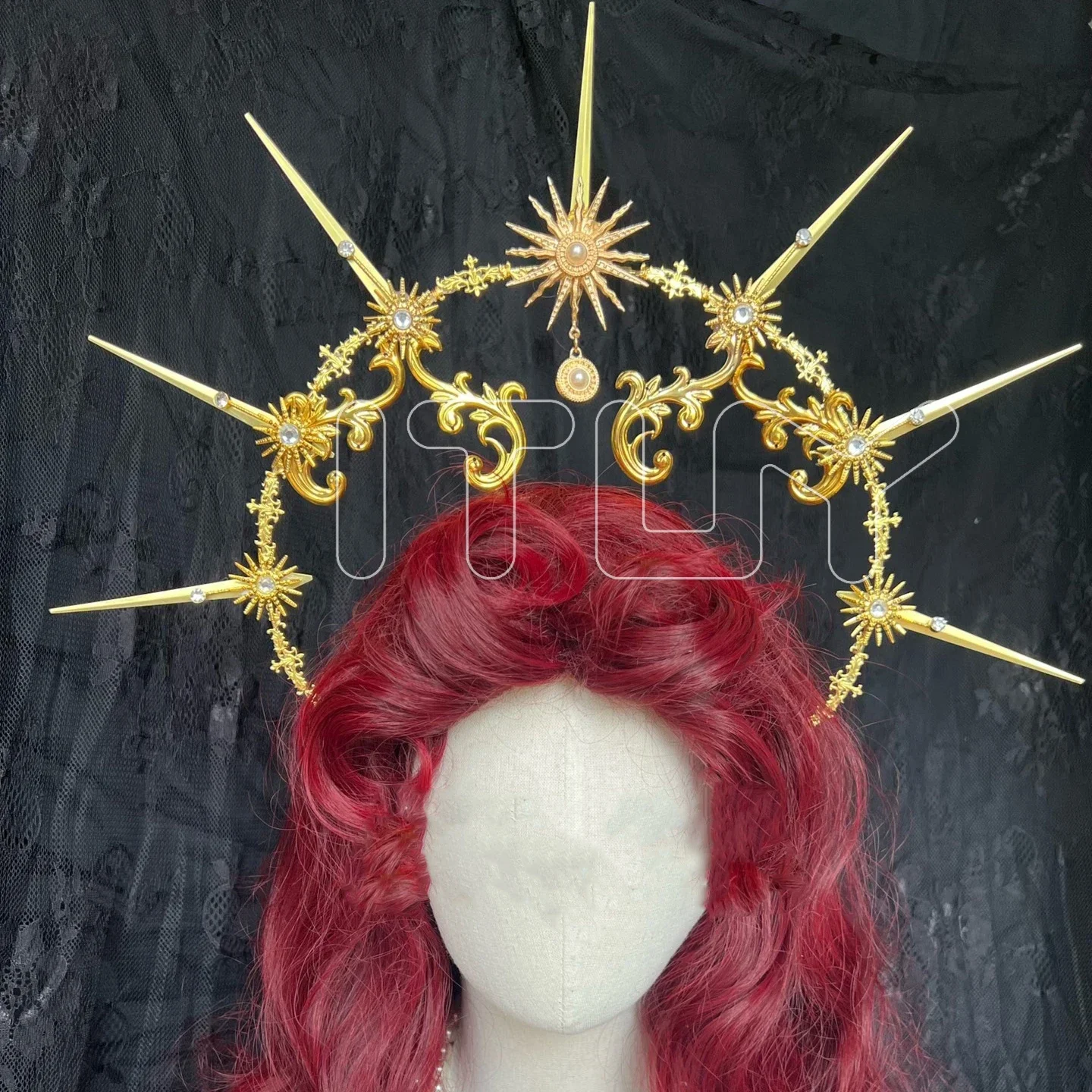 

Goddess Gold Spike Halo Headpiece Gothic Lolita Girl Cosplay Sun Crown Necklace Headband Wedding Bride Party Accessoriess