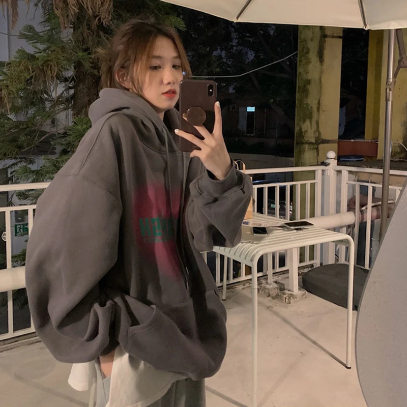 Women's Grey Fashion Letter Printing Baggy Pullover Pocket Fleece Thicken Sweatshirt Lazy Casual Raglan Sleeves Hoodie Winter