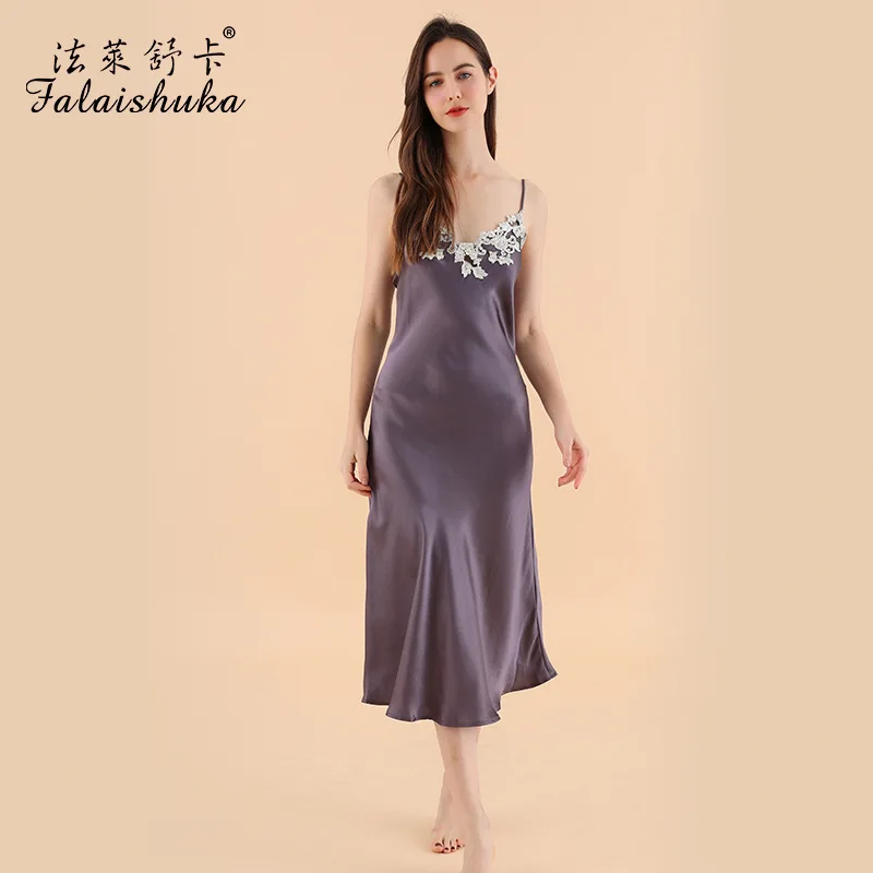 19 momme 100% Genuine Silk long Dress Women Sleepwear Simple pure color summer Spaghetti straps longuette Nightgowns D3672