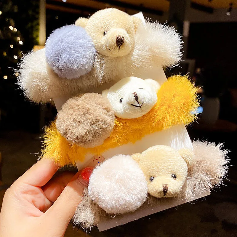 Cartoon Bear Furry Ball Hair Rope Antumn Winter Warm Cute Scrunchie Elastic Ponytail Holder Women Girls Hair Accessories Gift