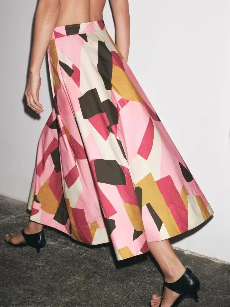 

High Waist A-Line Midi Skirt Bla White Geometric Commute Sle Long Skirt Women's Faion Spring Summer 2025