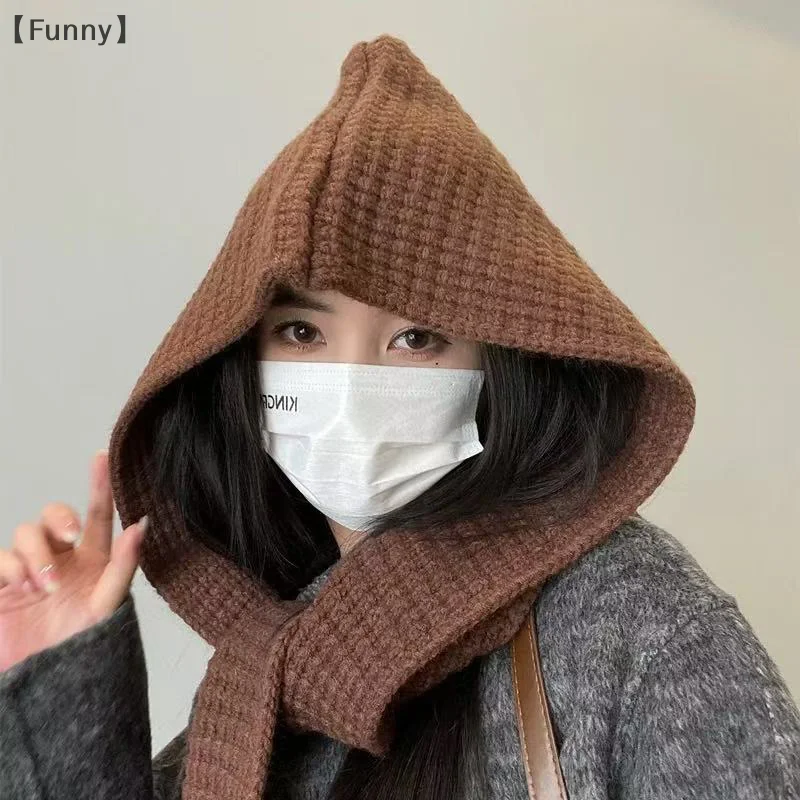 〔Lucu〕Syal Terpadu Hangat untuk Musim Gugur dan Musim Dingin, Topi Selendang Berkerudung, Syal Rajut Serbaguna, Topi Wol