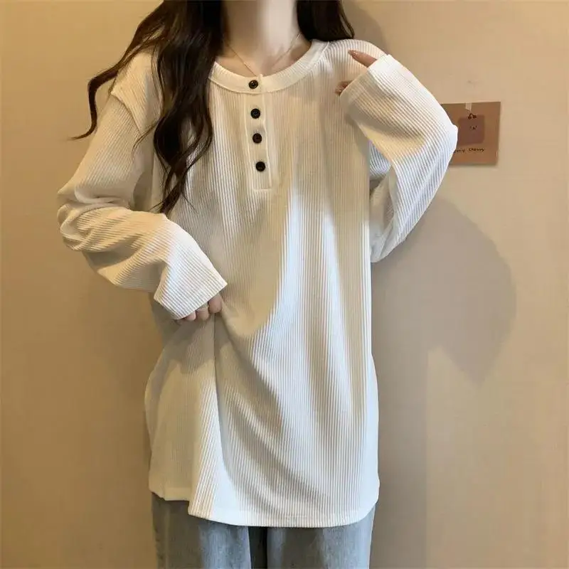 

Simplicity Button Patchwork T Shirts Spring Autumn New Long Sleeve Solid Loose Korean Tops Tees Fashion Lazy Style Women Clothes