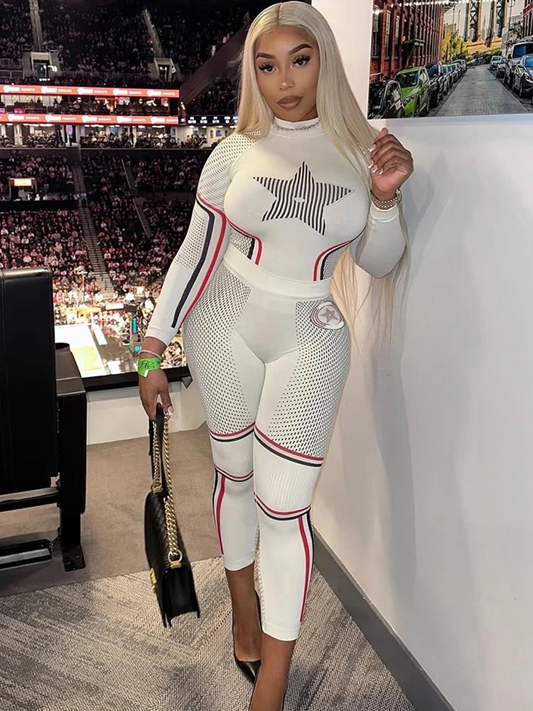 Kliou أنثى رياضي نمط 2 قطعة مجموعة الخريف الاتجاه ستار طباعة نصف عالية طوق كم كامل بلايز + نحيل السراويل الطويلة ملابس بسيطة