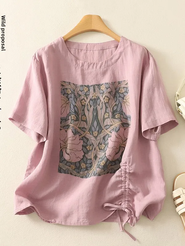 

Женская летняя футболка из хлопка и льна с ретро-принтом, свободного кроя, с круглым вырезом, универсальная, больших размеров, для повседневной носки