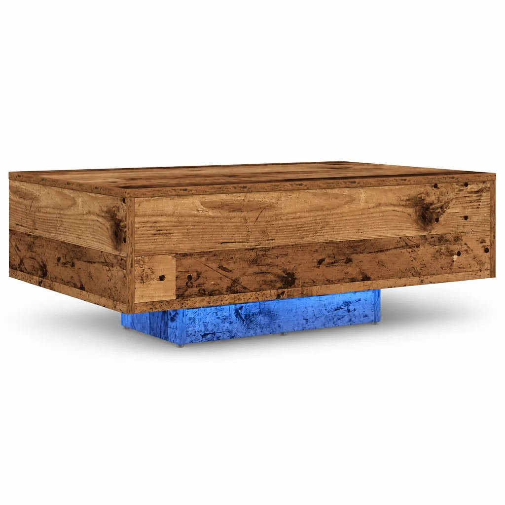 LED-Couchtisch mit Tischplatte aus Altholz 85x55x31 cm, rechteckiger Wohnzimmertisch, rustikales Industriedesign, integrierte LED-Beleuchtung für eine warme Atmosphäre, robuste Massivholzkonstruktion