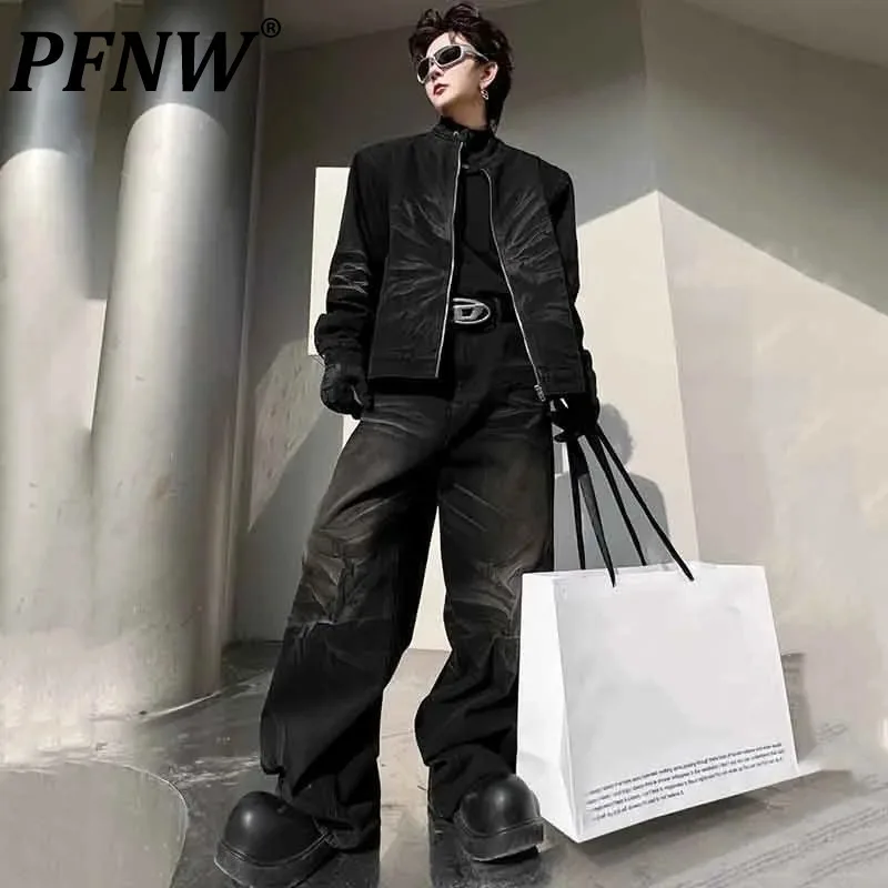 

PFNW Men's Gradient Color Denim Suit New Stand Collar Zipper High Street Male Jackets Trendy Wide Leg Jeans 2024 Autumn 9C4493