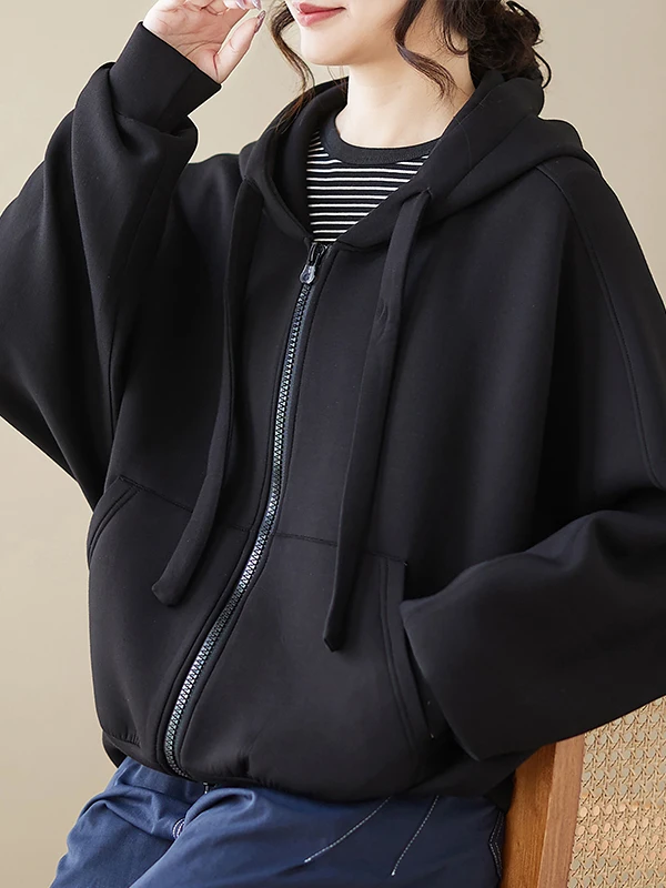 Casual Hooded Zipper Sweatirt plus Size Women's Faion Slimming Age-Defng Versatile Simple Open Cardigan for Autumn Winter