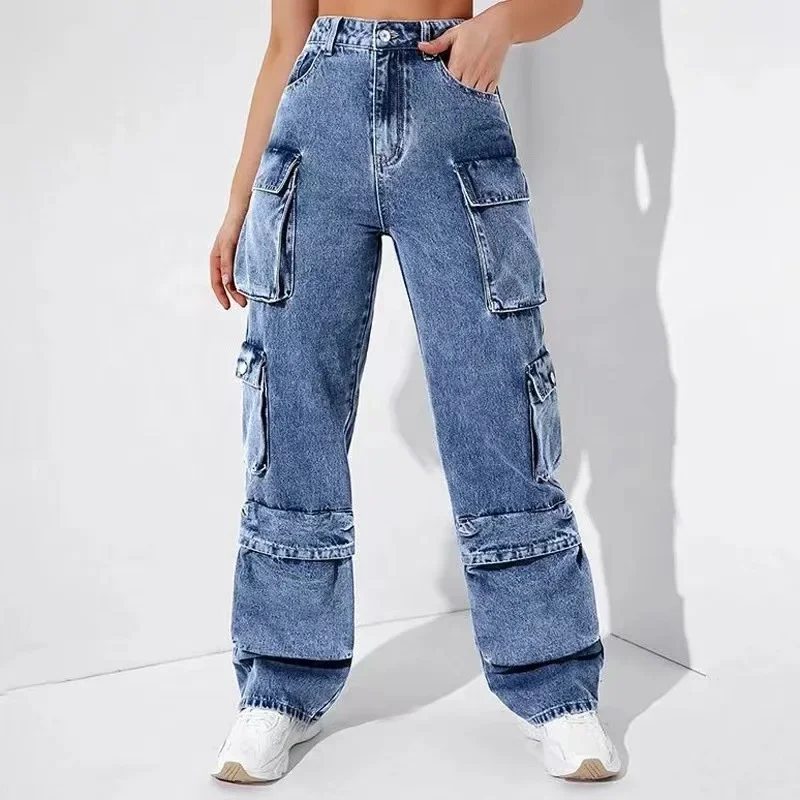 Women's New Tide Multi-pocket Overalls Jeans, High-waisted Loose Leisure Wide-leg Pants Spliced Long Jeans for Autumn and Winter