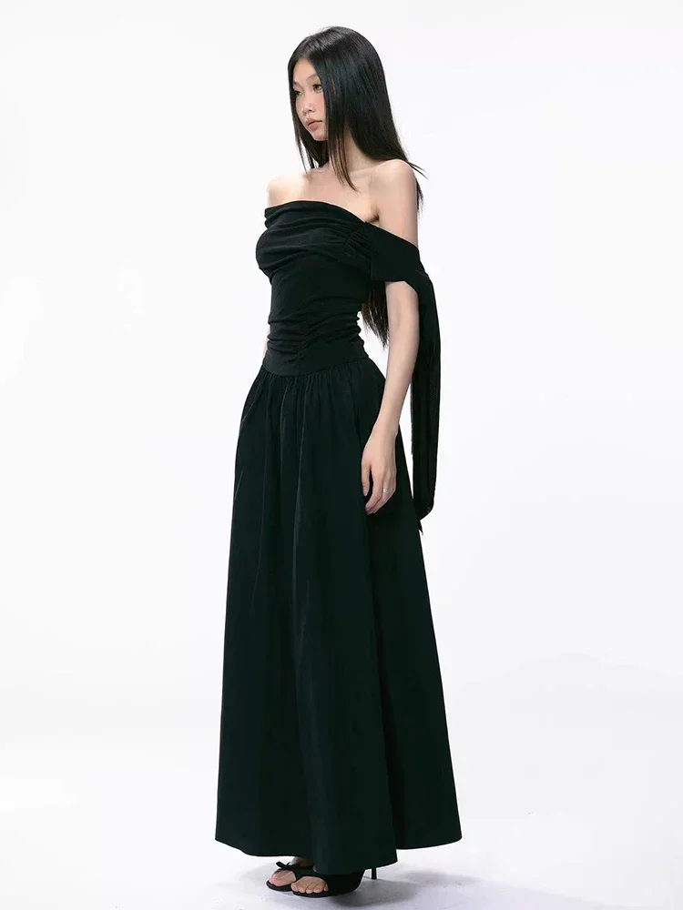 Elegant Hepburn Style Slash Neck Women Midi Dress Y2K Sexy One Shoulder Sleeveless Black Dress Summer Evening Party Vestidos