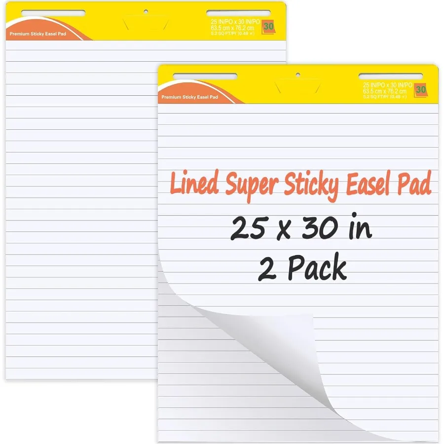 

2 блока самоклеящихся листов для флипчарта, 25 x 30 дюймов, белые, 30 листов/блок, бумага для анкерных диаграмм для учителей, желтые линованные листы для флипчарта
