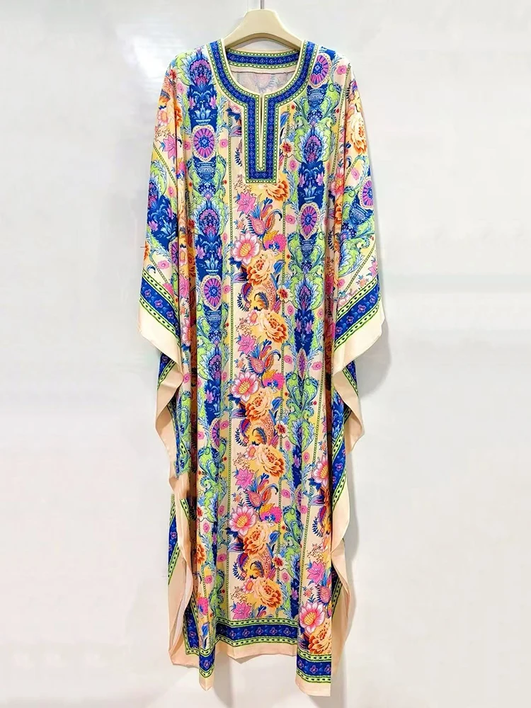 Designer's retro geometric print semi-open collar bat-sleeve pullover dress 2025 Autumn women's fashion loose puffy dress