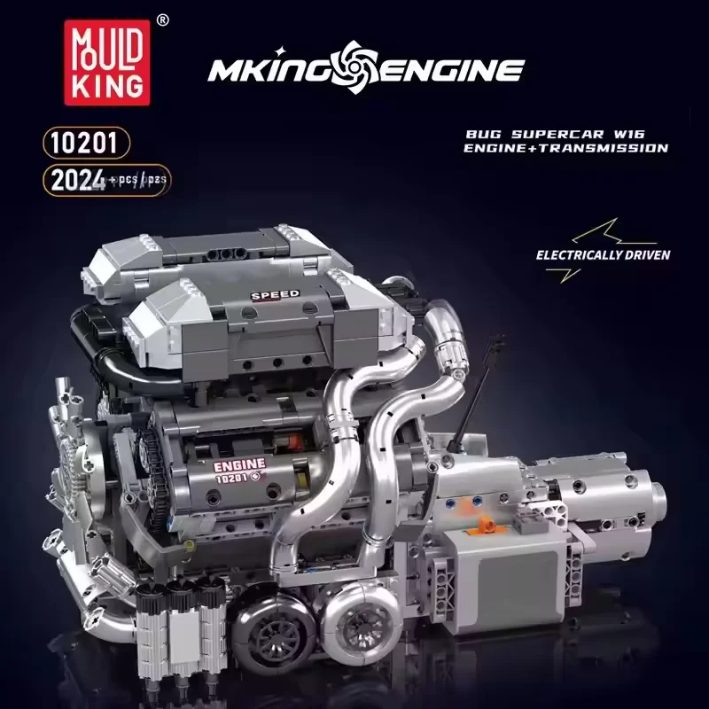 MOLD KING 10201 BUG W16 Kit motore supercar 2024PCS Modello MOC con cambio motore per adulti STEM Education