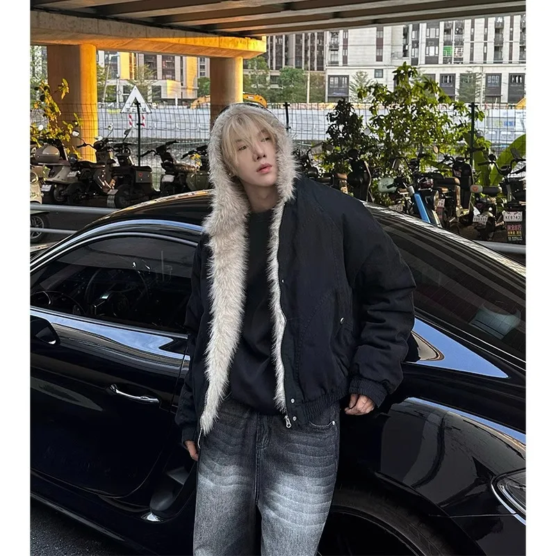 

High Street модные уличные парки Y2K в стиле панк Harajuku ретро куртка-бомбер с меховым воротником мужская хип-хоп свободное повседневное теплое пальто женское