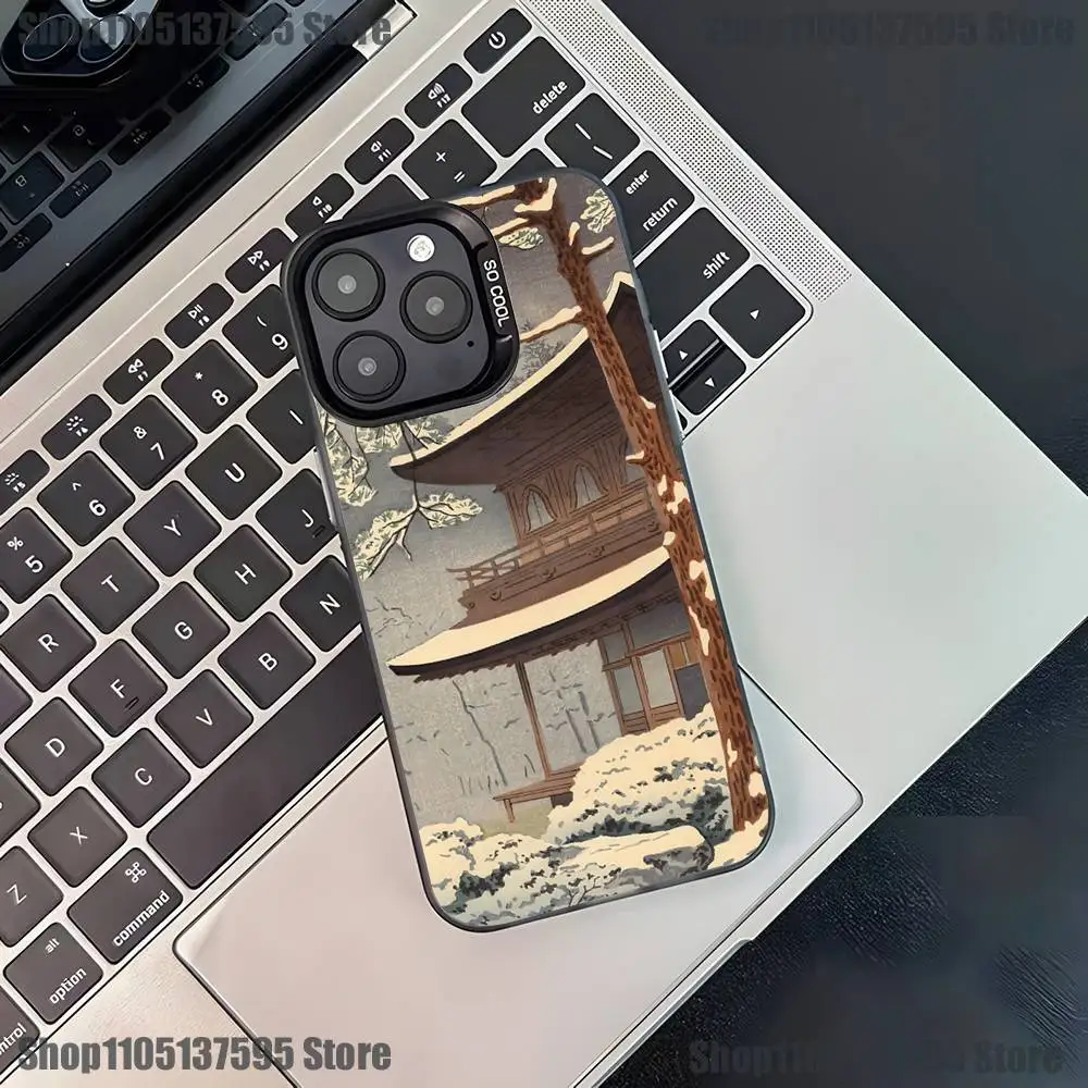 Japan Stijl Ukiyo-e Telefoon Case Voor iPhone 17,16,15,14,13,12,11,Pro,XS,Max,Plus,Mini,SE4,E Zwart Matte Schokbestendige Cover