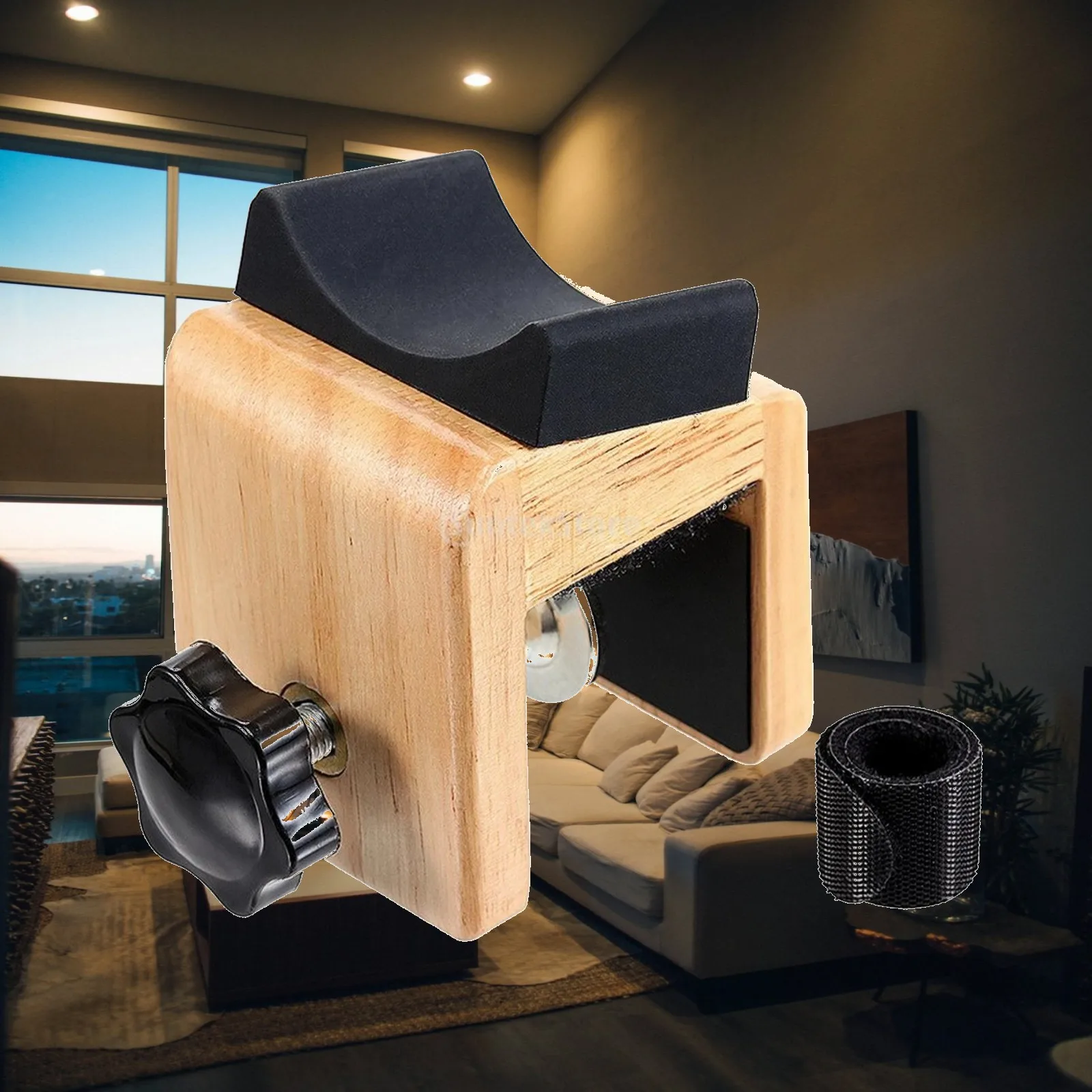 Wood Finish Industrial Pillow Guitar Holder with Metal Frame and Rolled Sleeve for Electric Guitar Storage Transport Space