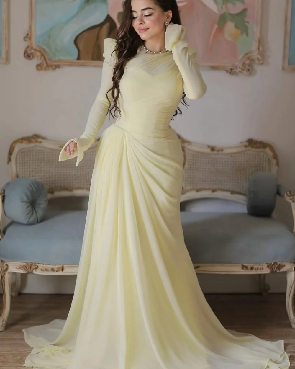 

Customized Yellow Sexy Classic Chiffon Pleat Draped Rhinestone A-line High Collar Long Dresses Evening Dresses Sizes Available