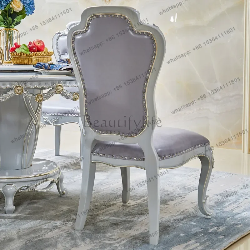 z.Luxury Dining Chair Villa Restaurant High-end Gold-painted High-grade Gray Solid Wood Backrest Leather Dining Table and Chairs