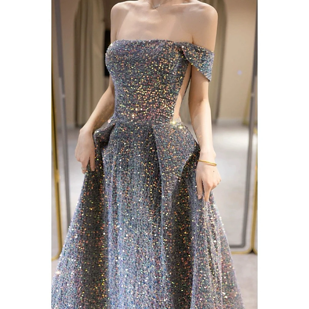 Shiny Gray Sequins Celebrity Dresses Boat Neck Off the Shoulder A-line Gradient Lace-up Woman Evening Bridesmaid Gowns 2023