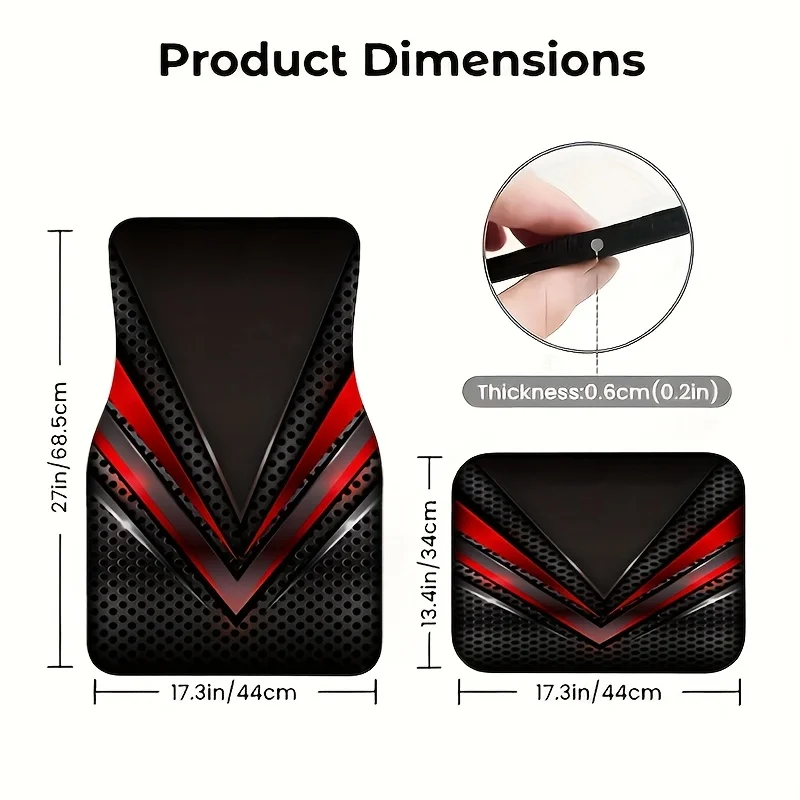 4pcs Black And Red Metal Geometric Style Car Floor Mats, Sporty Mecha Design, Wear-Resistant And Non-Slip Universal Car Mats, Fo