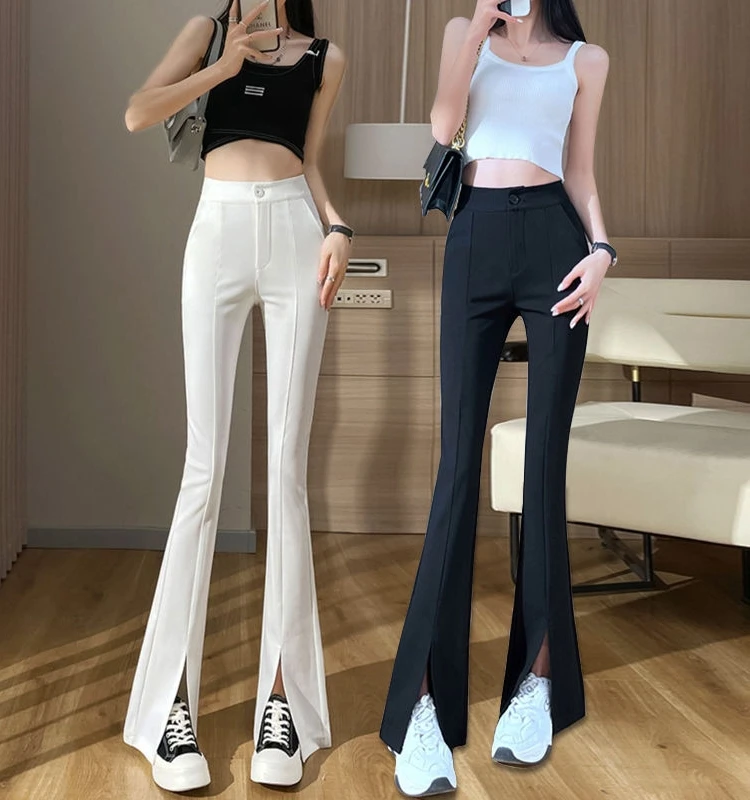 High Waist Wide Leg Pants Women's White Bell Bot Casual Trousers Floor Length Zipper ket Detail Polyester Blend