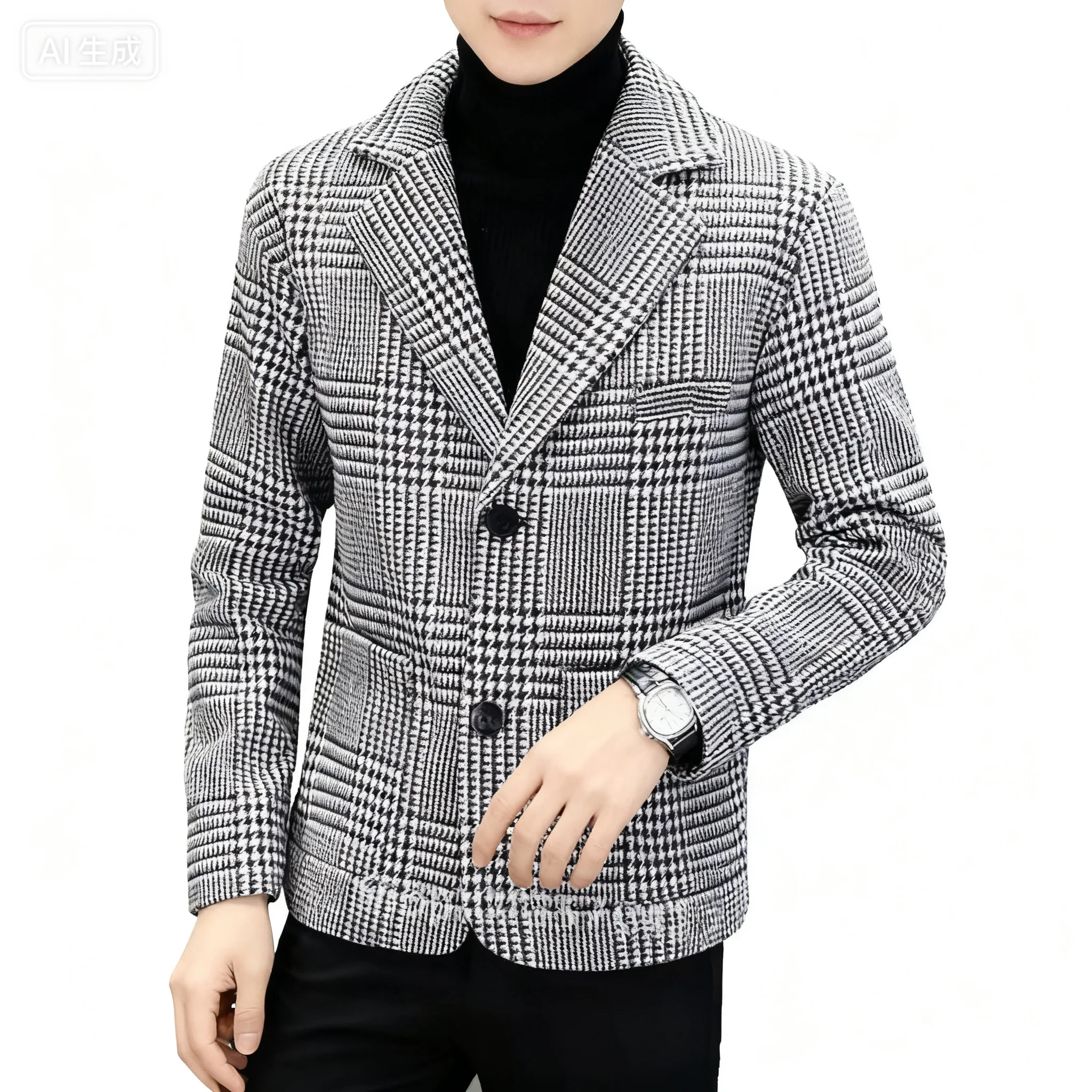 Veste en laine pied-de-poule pour hommes, décontractée, revers cranté, simple boutonnage, manches longues, Cardi, vêtements d'extérieur à la mode