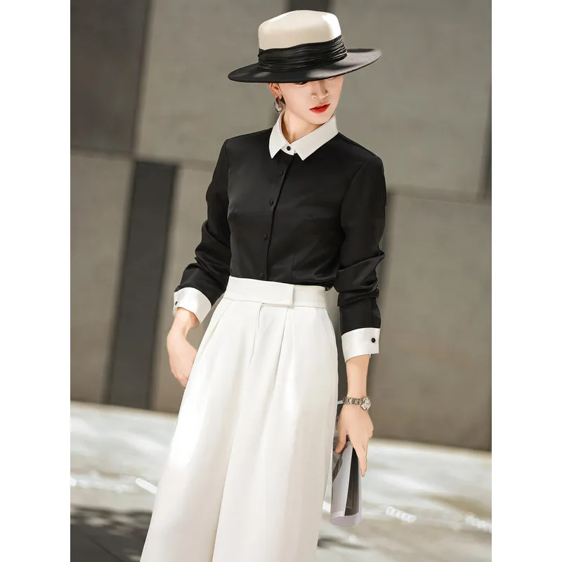 MEXCOCO Women Spring Autumn New Arrival Elegant Commuter Office Color‑block Lapel Single‑breasted Slim Fit Shirt Blouse Tops