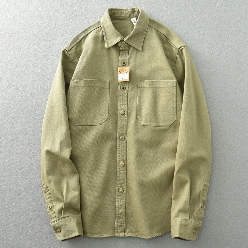 Vintage washed May khaki shirt men\'s long sleeve base lapel cotton loose casual cargo shirt