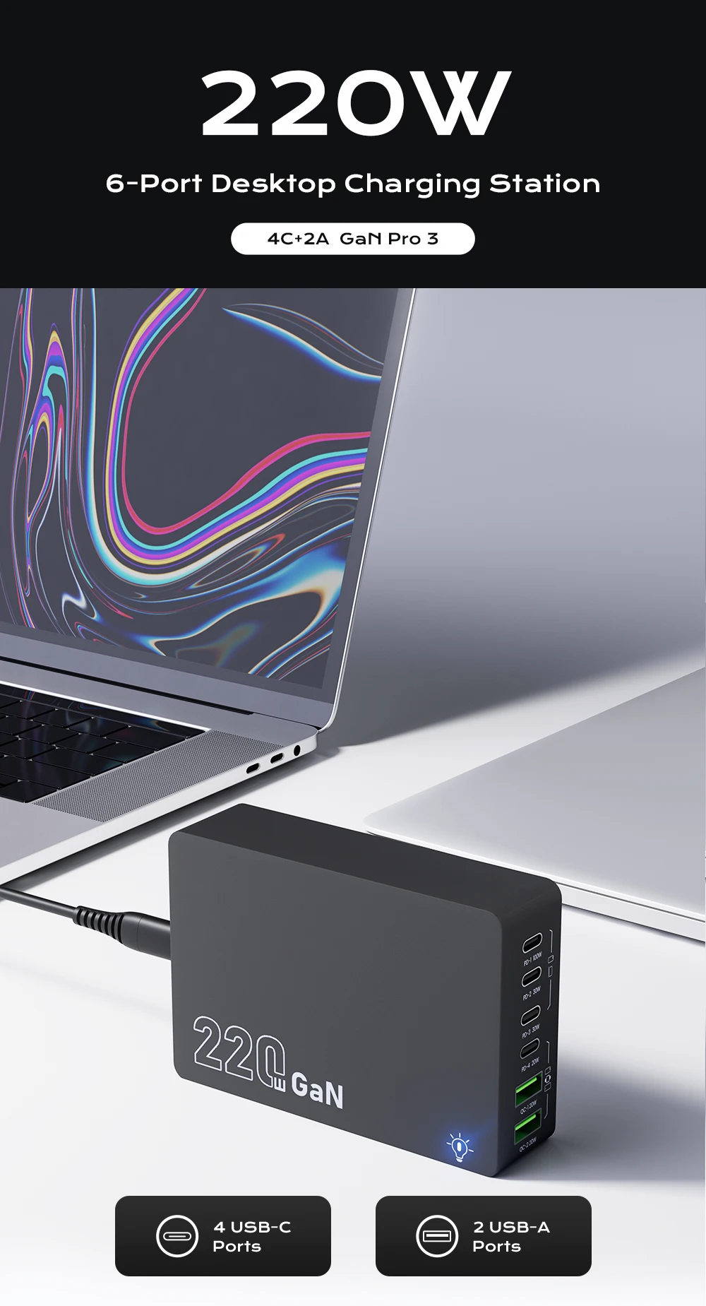 220W GaN Desktop-Ladegerät mit 6 Anschlüssen, PD 100W USB Typ C QC 3.0 Schnellladestation für iPhone 17 Pro, Tablet, MacBook, Samsung Laptop – Detail 1
