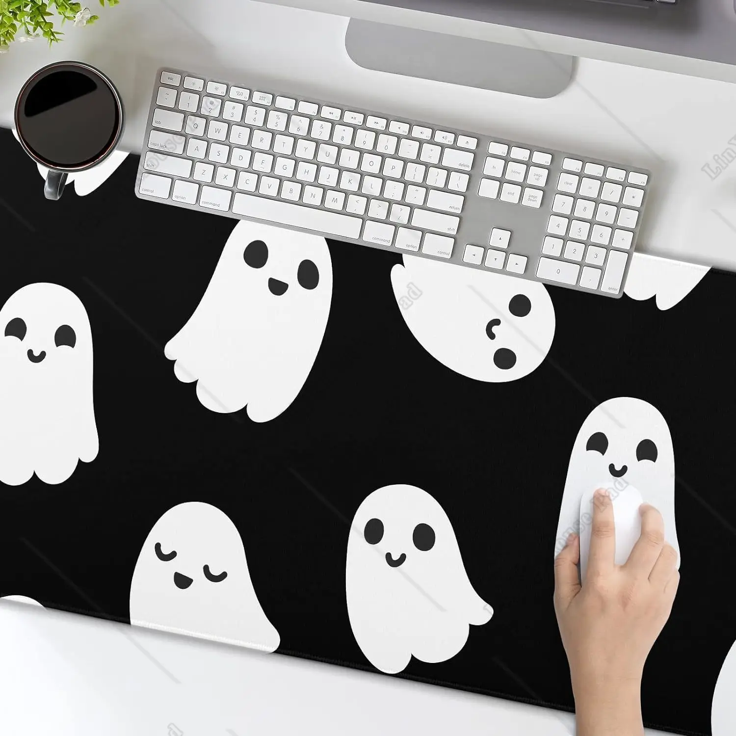 Halloween Cute Ghost Mouse Pad Cartoon Spooky Funny Desk Mat Non-Slip Rubber Base Stitched Edge Large XL  Mousepad for Laptop