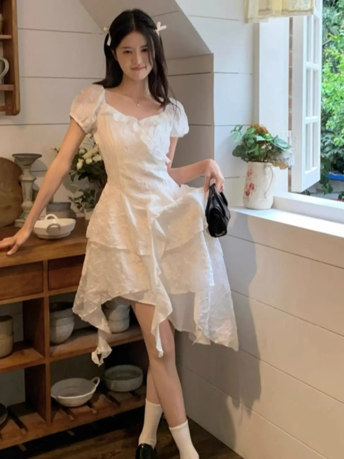 Sukienki Krótkie Rękawy Damskie Quinceanera Niebieskie Wiosenne Satynowe Kokarda Marszczona Talia Falbana Linia A Słodkie Wyszczuplające Szarfy Ładne Delikatne