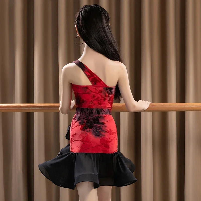 Robe de danse latine d'été à épaules obliques, Costume de danse professionnel pour enfants pour filles, vêtements de danse Samba Cahcha Rumba