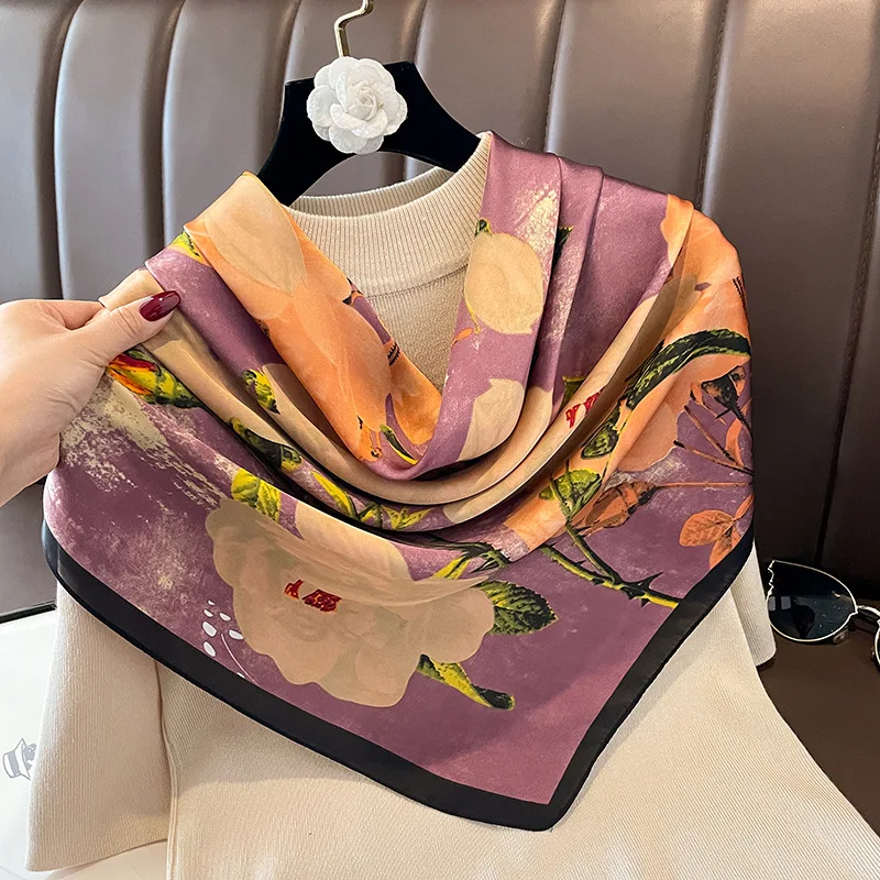 

90x90Elegant and Thin Women's Square Scarf with Printed Design, New Faux Silk Shawl Decoration