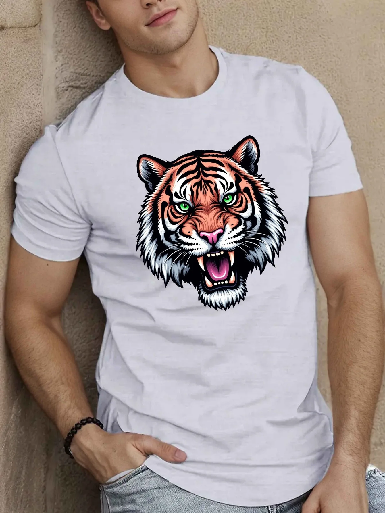 

Мужская футболка с принтом - с изображением головы тигра, принт с изображением мощного животного - повседневная летняя футболка с коротким рукавом - удобный топ с круглым вырезом