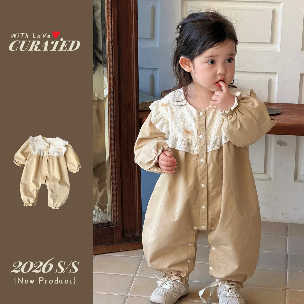 

Spring Autumn Toddler Girls Jumpsuits Round Neck Lace Patchwork Kids Baby Girls Bodysuits Puff Sleeve Newborn Girls Overalls