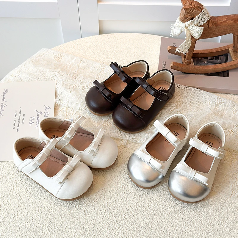 Fashion Spring Baby Girls Leather Shoes for Wedding Party Light Weight Soft Quality with Bow-knot Simple Kids Flats Mary Janes