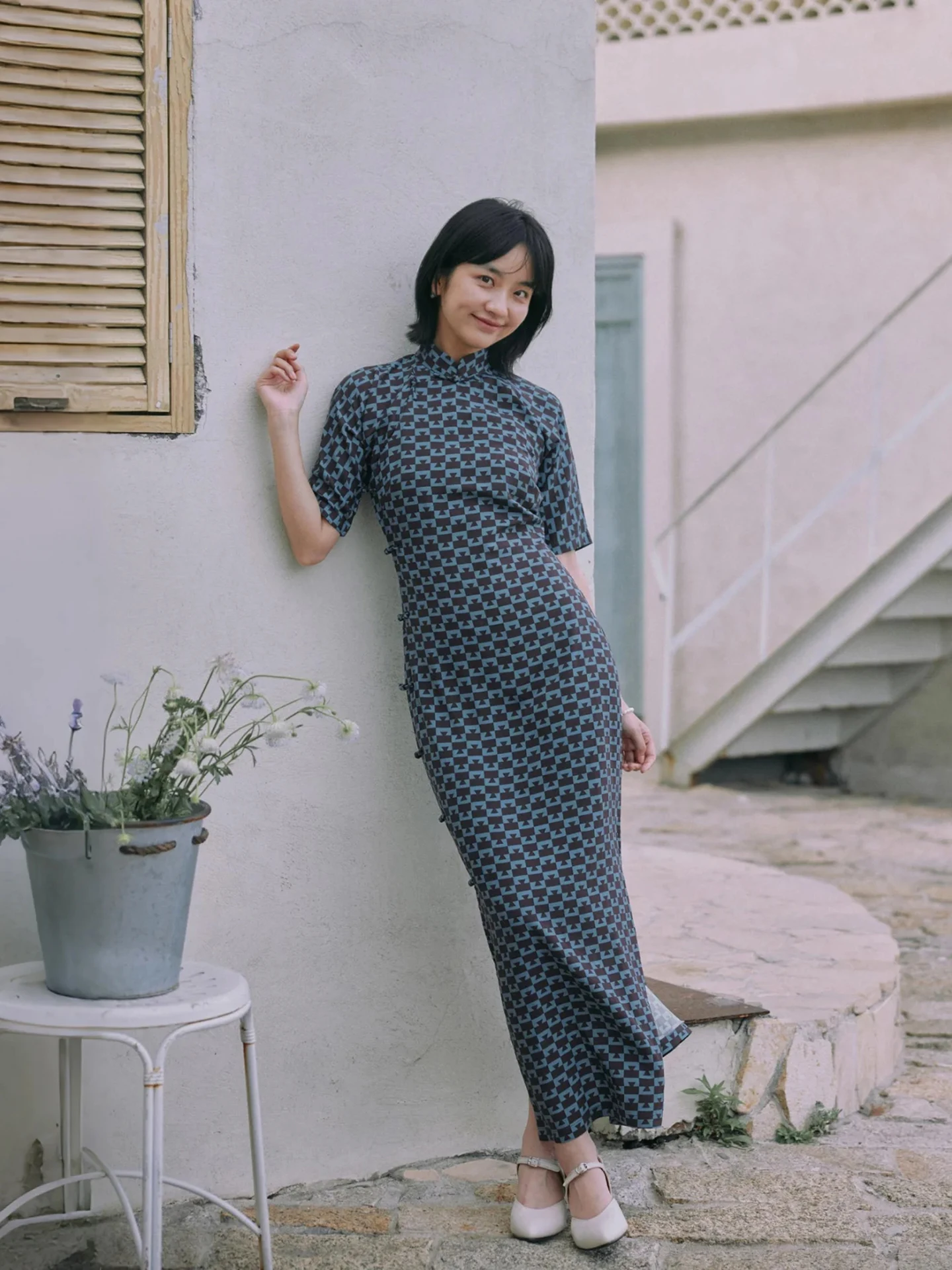

Long Silk Cotton Blue Printed Full Slit Button up Vintage Daily Chinese Sle Dr ort Sve