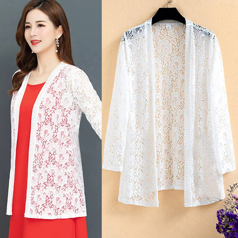 Female Long-sleeved Sun Protection Clothes Air Conditioning Shirts 2024 Summer New Women Loose Openwork Lace Cardigan Thin Coat