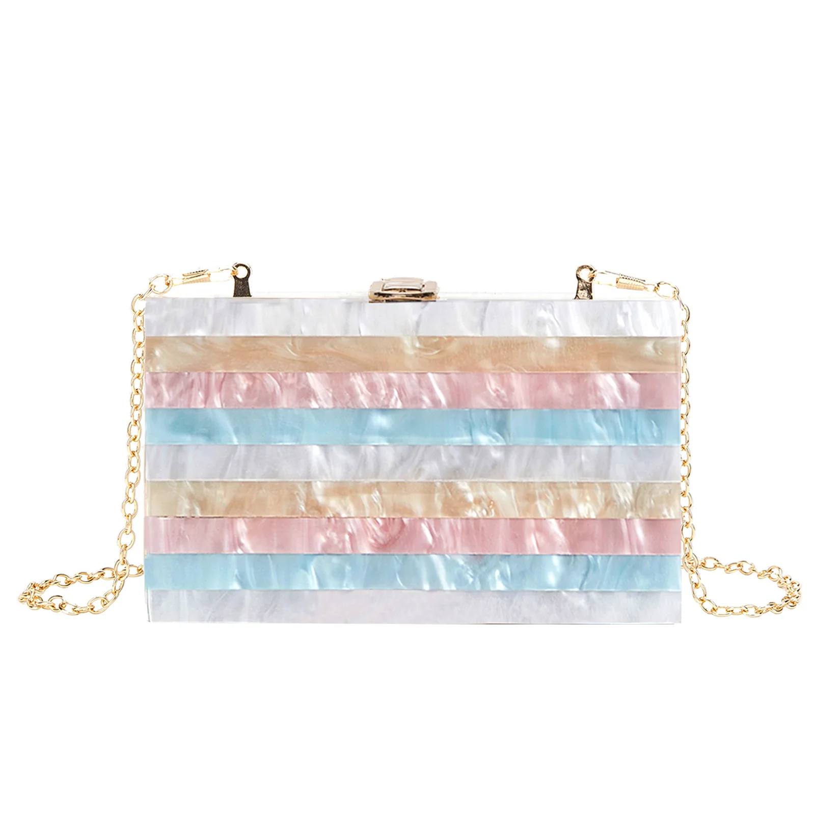 

New Fashionable Ladies' Stripe-Spliced Pearlescent Acrylic Clutch and Crossbody Bag for Evening Parties