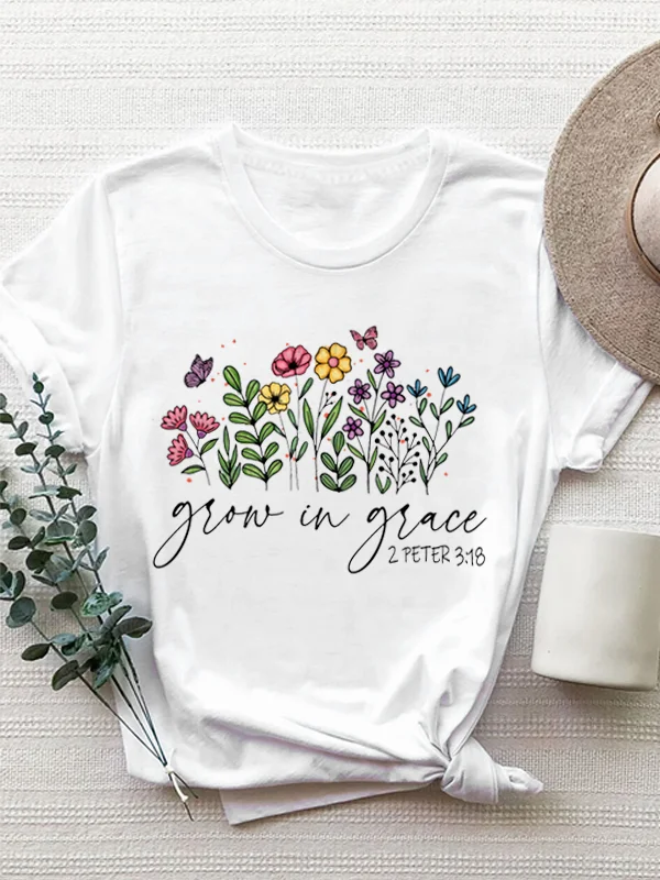 Retro Cartoon Flowers Butterfly Weed Print Female Shirt Grow in Grace Slogan Female T-shirt New Fashion Casual Girl Tee