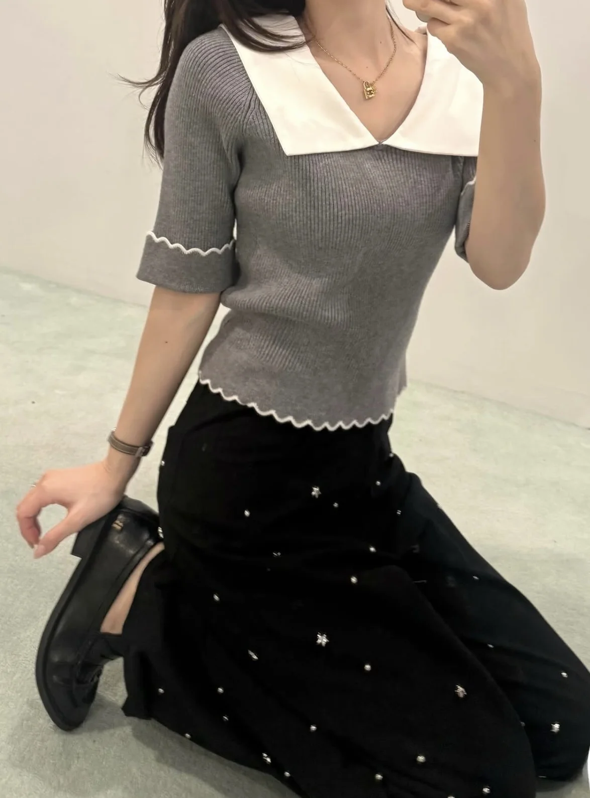 

Elegant Short Sleeve Knitted Top Design Moisture Wicking Ladies Fashion Commute Style Slim Fit Pure Color T-Shirt