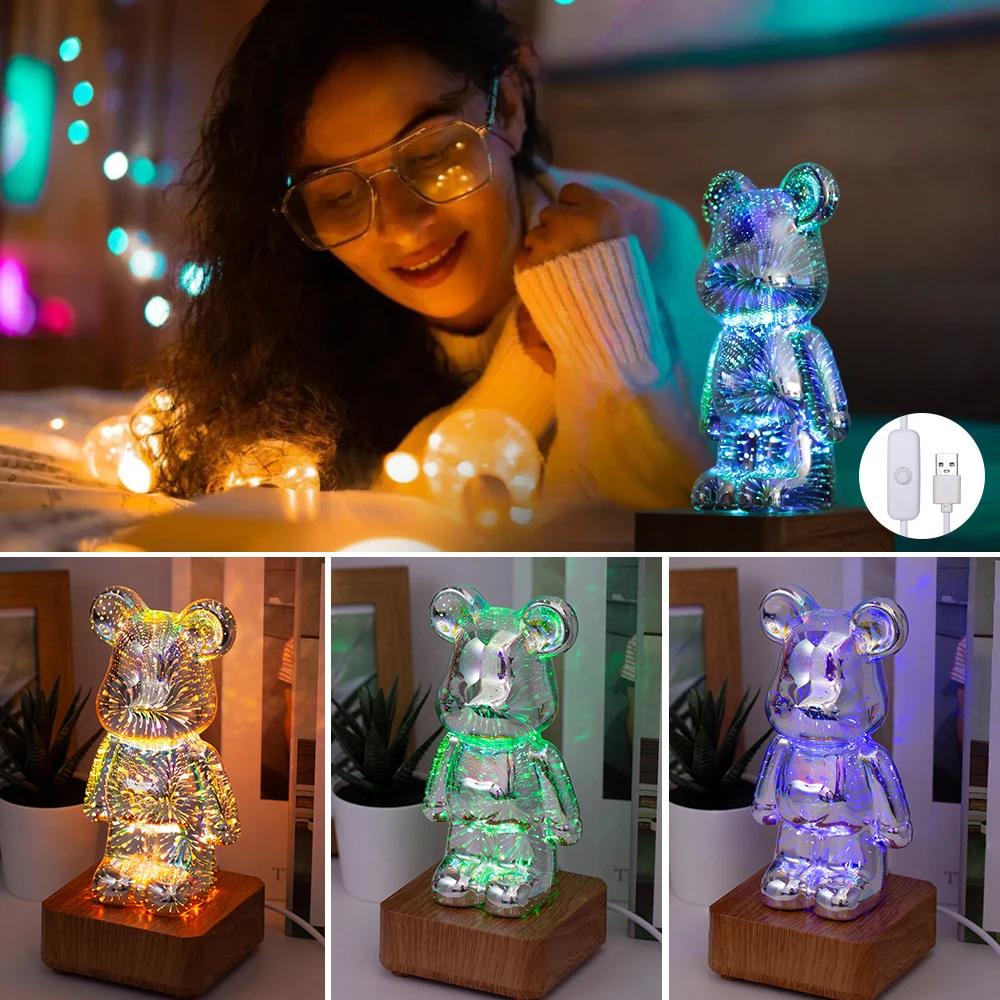 3D Led Night Light Firework Bear USB Projector Lamp Color Changeable Atmosphere Light Desktop Decoration Night Lamp Kids Gift