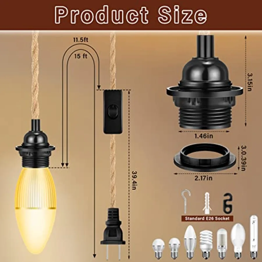 6 Pcs 15 Ft Pendant Light Cord lamp kit Vintage Ceiling Hanging Lights with Plug in Cord with Twisted Nylon Rope with Switch E2